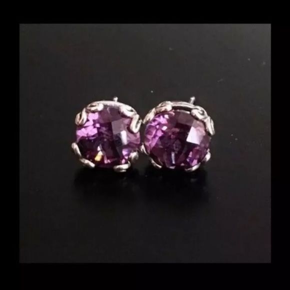 SAMUEL B Faceted Round Cut Amethyst Sterling Silver 925 Stud Earrings - Picture 2 of 13